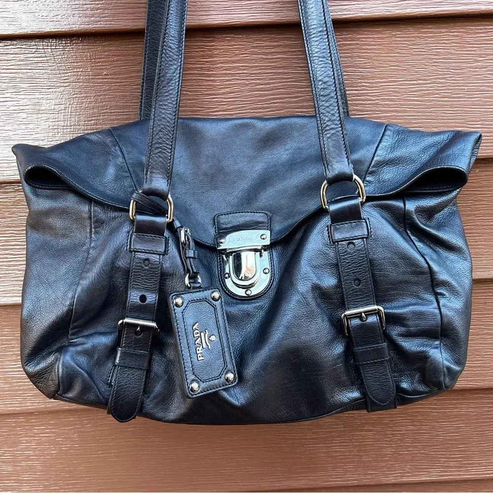 Authentic Prada bag Nappa Metallic Leather Foldover Flap Easy Bag Made in Italy